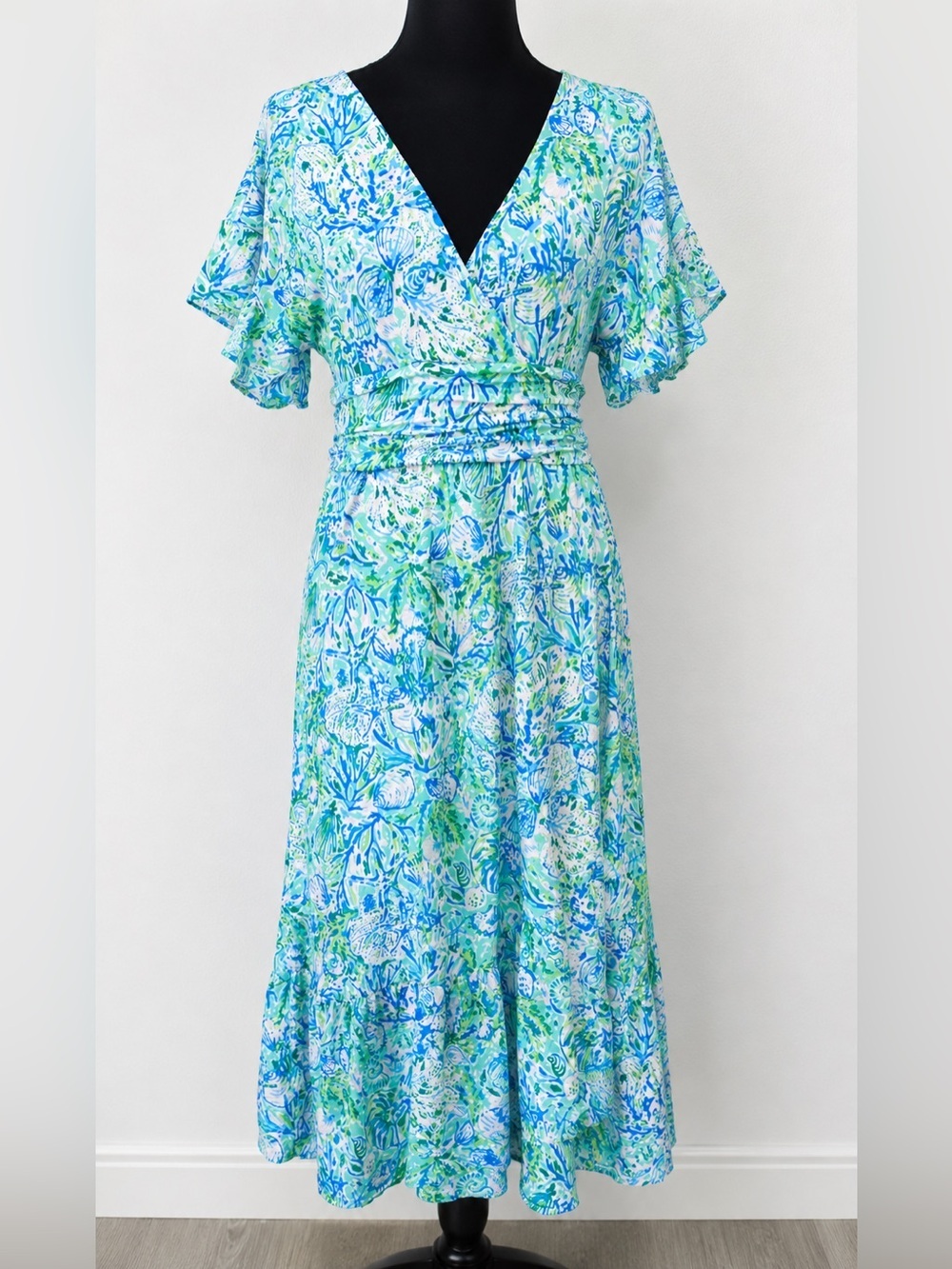 Lilly Pulitzer Midi Wrap Dress Blue Green Floral Butterfly Sleeve Smocked Waist - Picture 2 of 8
